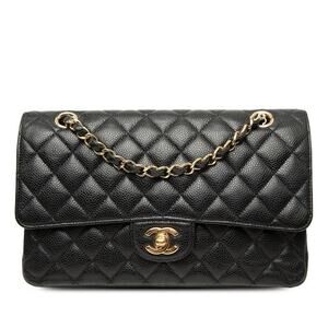 Chanel Coco Mark Matelasse 25 Caviar Skin Double Flap Chain Shoulder Bag Black